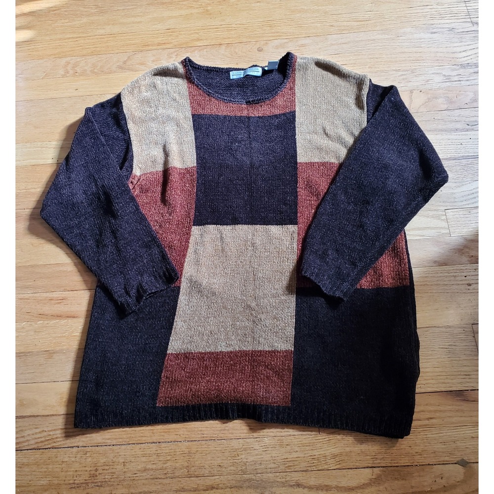 Carolyn Taylor Woman Chenille Sweater 1X Brown Rust Colorblock 90s Retro Knit